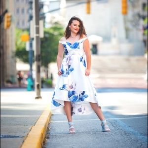 Floral blue & white high+low dress